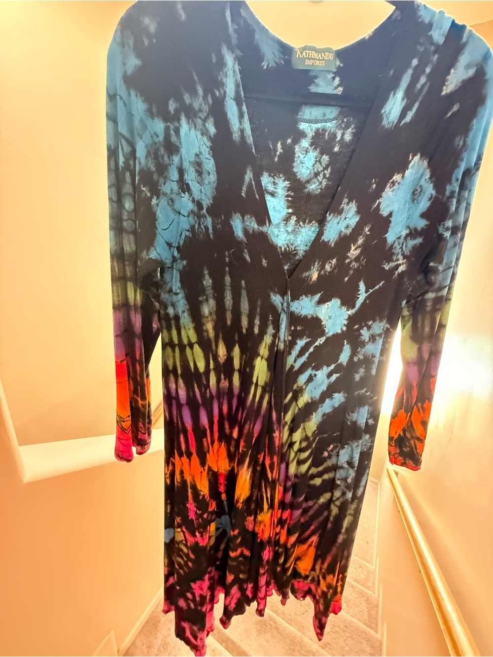 Kathmandu Imports Tie-Dye V-Neck Long Sleeve Dress - Black Multi